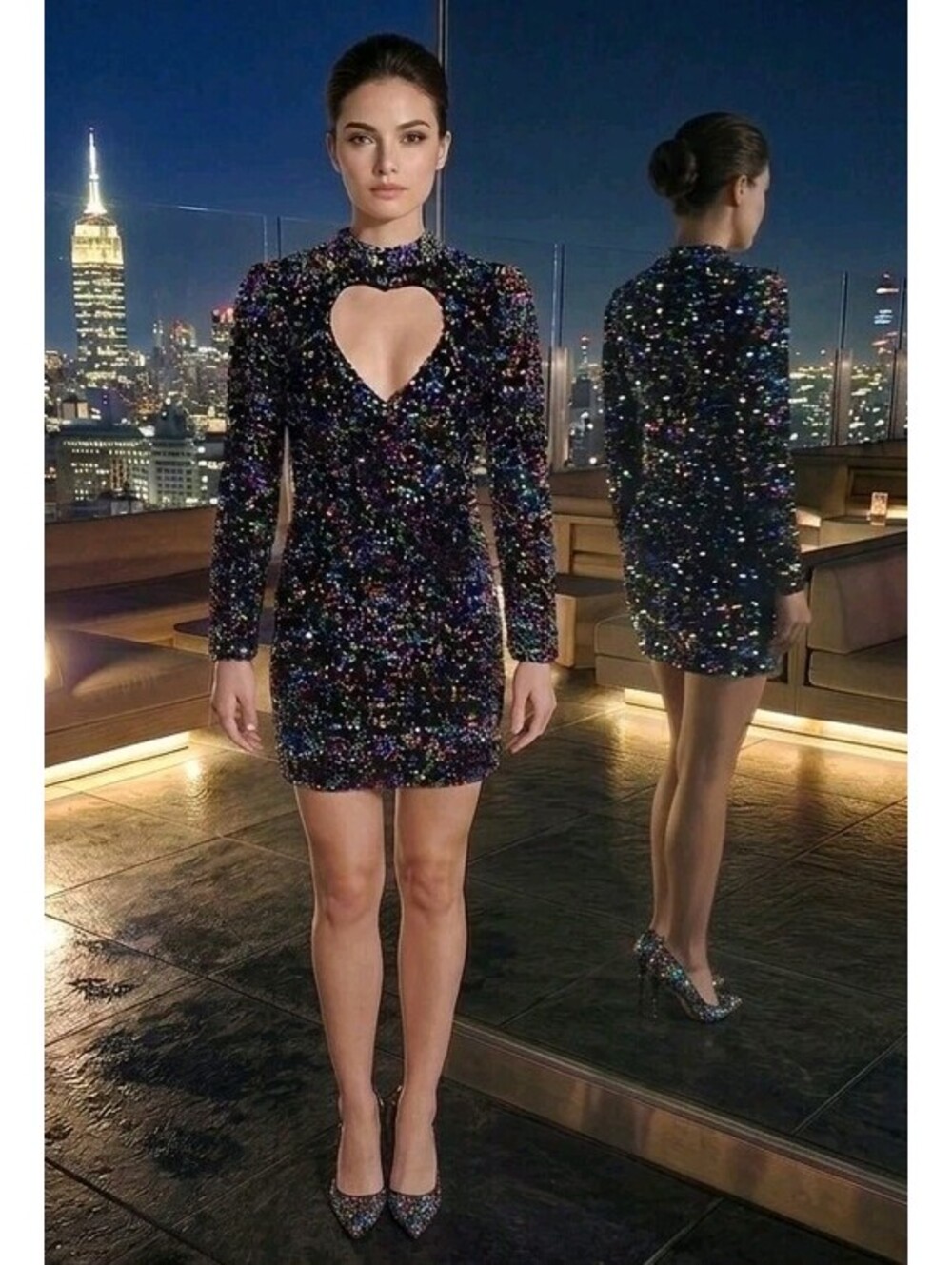 Nasty Gal Multi-Color Sequin Heart Cut-Out Mini Dress – Size M (US